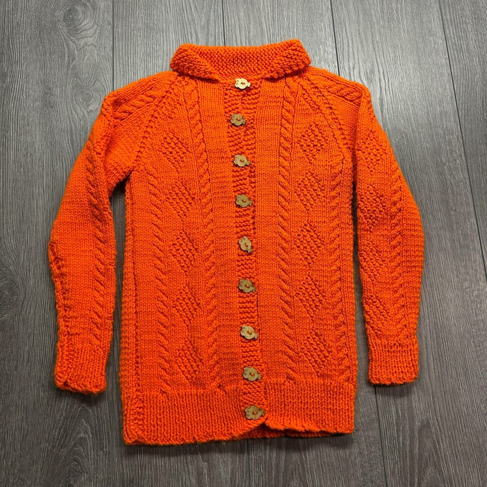 Vintage Orange Cable Knit Cardigan Sweater Wooden Owl Buttons Small